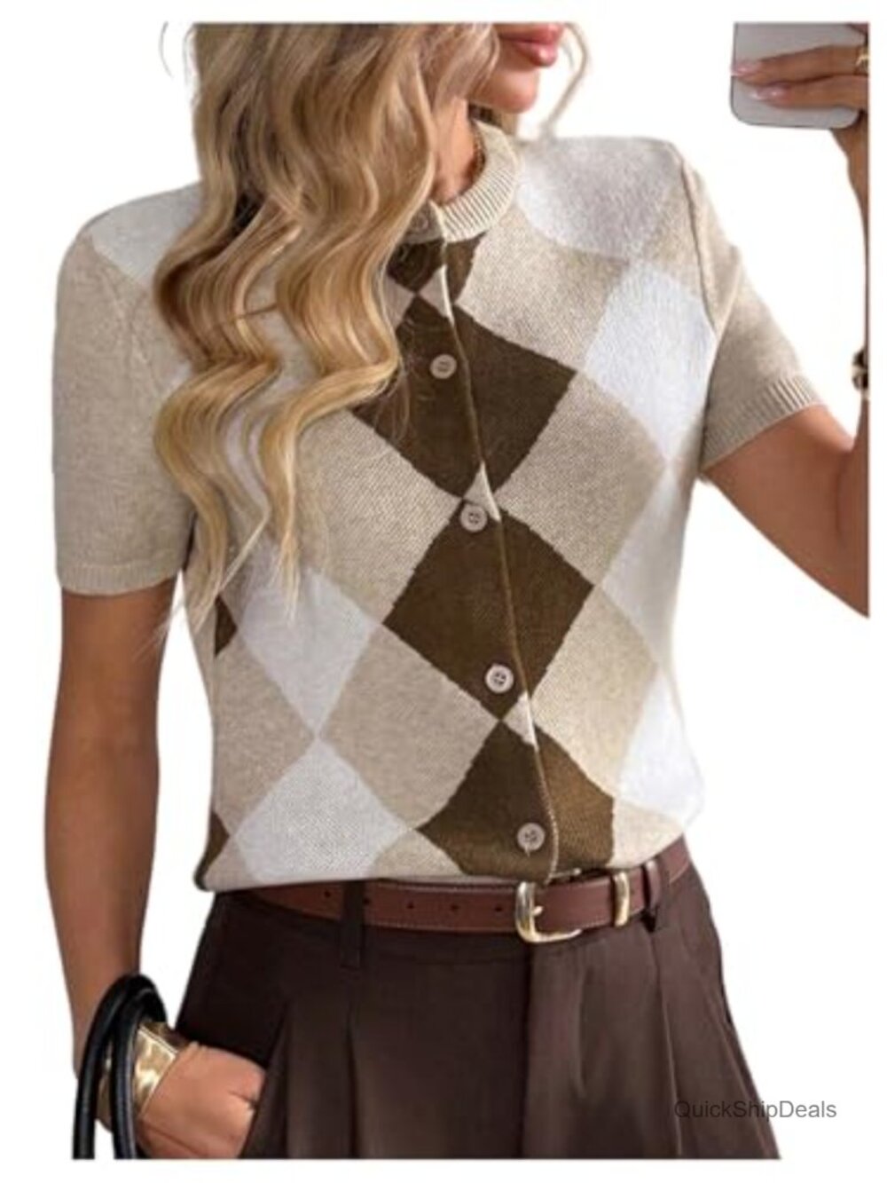 Short Sleeve Button Up Cardigan Sweater Argyle Knit Top